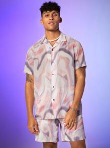 Manfinity Men Marble Print Shirt & Drawstring Waist Shorts - Multicolor - View 1