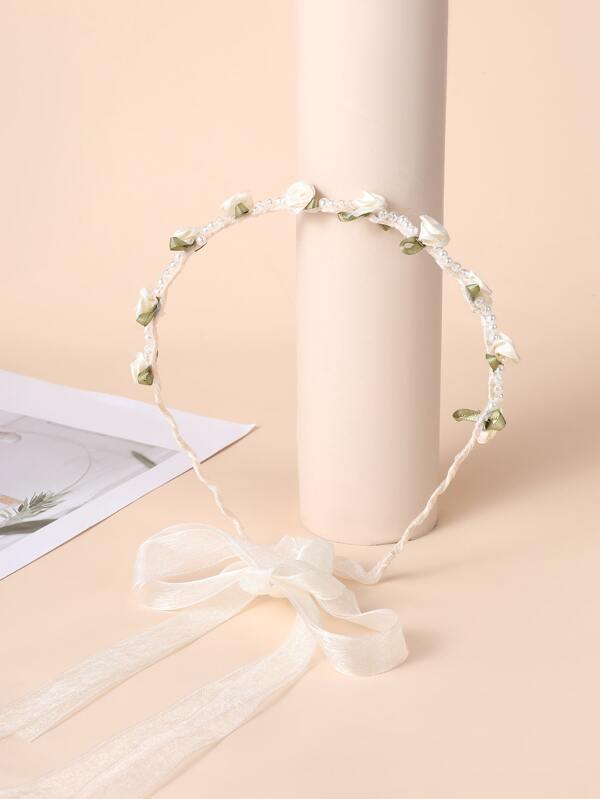 1pc Elegant Rose, Bead, And Wave Shape Satin Hairband With Metal Wrap Ribbon Suitable For Daily, Wedding Or Flower Girl Hairstyles