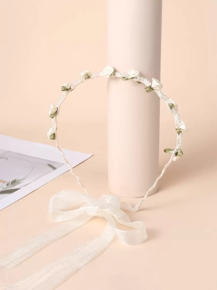 1個優雅的玫瑰、珠子和波浪形緞帶頭箍,適用於日常、婚禮或花童髮型