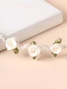 1個優雅的玫瑰、珠子和波浪形緞帶頭箍,適用於日常、婚禮或花童髮型