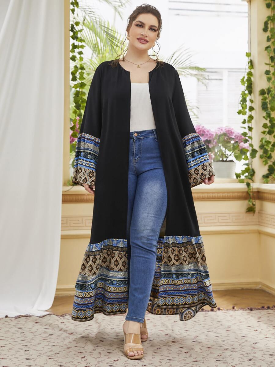 Al Najma Plus Mandala Print Open Front Abaya - Black - View 1