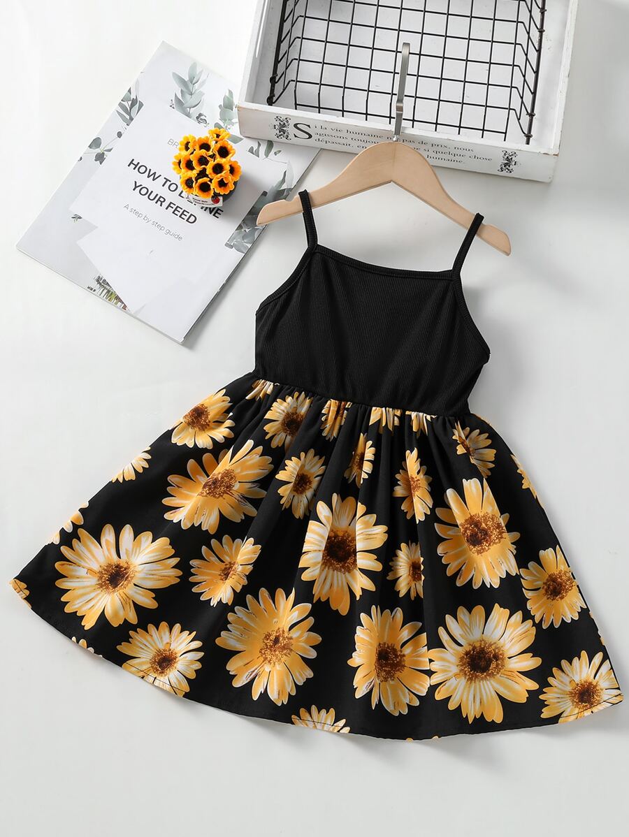 Niñas Vestido de tirantes con estampado de girasol - Negro - Ver 1
