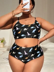 Swim Mod Summer Beach Plus Dinosaur Print Bikini Set Adjustable Strap Cami Top & High Waisted Bottom 2 Piece Bathing Suit - Multicolor - View 1