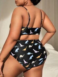 Swim Mod Summer Beach Plus Dinosaur Print Bikini Set Adjustable Strap Cami Top & High Waisted Bottom 2 Piece Bathing Suit - Multicolor - View 2