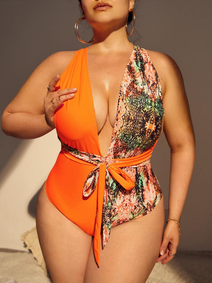 SHEIN Swim Curve 夏季海滩加蛇皮印花结前交叉连体泳衣