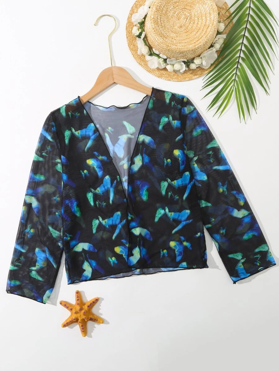 SHEIN Teen Girl Butterfly Print Kimono - Multicolor - View 1