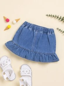 Baby Patched Pocket Ruffle Hem Denim Skirt - Medium Wash - View 2