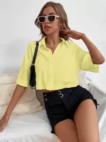 Chiquease Camisa de hombros caídos con parche de bolsillo - Amarillo - Ver 6