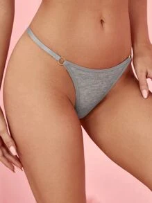 Women's Casual Grey Fabric Thong Panties With Ring Detail - Grey - View 5
