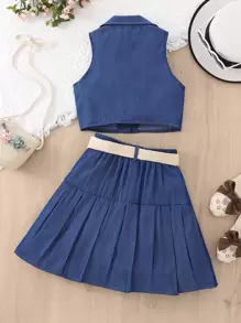 Tween Girl前鈕開衫式無袖襯衫和褶皺腰帶裙子 - 藍色 - 查看 2