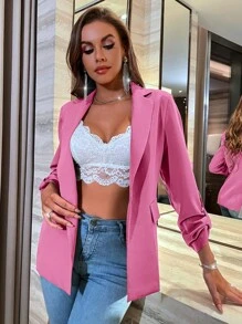 SHEIN Essnce 西裝領捲邊袖西裝外套 - 玫紅色 - 查看 1