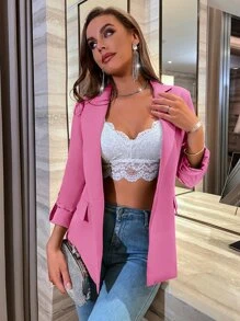 SHEIN Essnce 西裝領捲邊袖西裝外套 - 玫紅色 - 查看 4