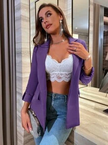 SHEIN Essnce Lapel Neck Roll Tab Sleeve Blazer - Purple - View 4