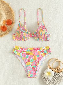 SHEIN Swim Summer Beach Floral Print Bikini Set Smocked Underwire Bra & Hipster Bottom 2 Piece Bathing Suit - Multicolor - View 6