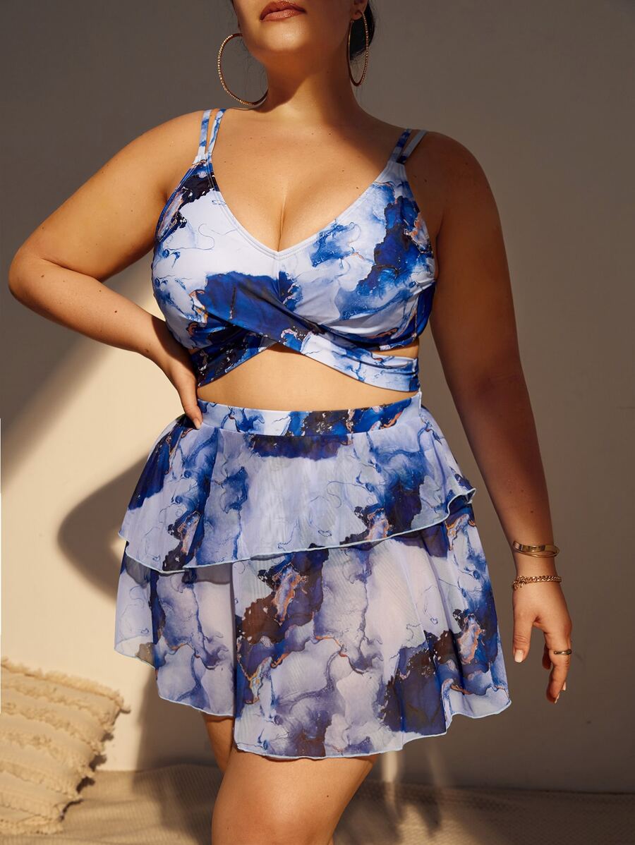 SHEIN Swim Curve Plus Marble Print Bikini Set Wrap Double Strap Cami Top & Summer Beach Vacation Skirt & High Waisted Bottom 3 Pieces Bathing Suit - Multicolor - View 1