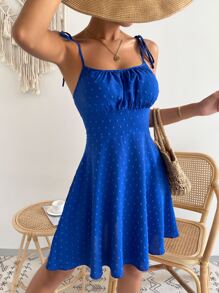 SHEIN VCAY Đầm Thắt nút Nếp gấp Phần Ngực màu trơn Boho - Xanh đậm - Xem 4