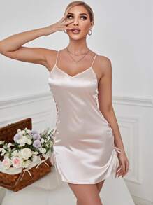 SilkySpell Lace Up Side Satin Sexy Lingerie Dress - Baby Pink - View 6