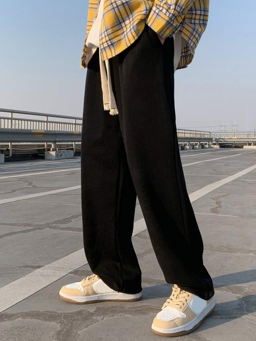 Claim Dot Men Drawstring Waist Straight Leg Pants Long Slacks Plain Going Out, Fall - Black - View 1