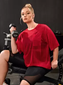 Plus Pocket Front Drop Shoulder Solid Sports Top - Burgundy - View 1