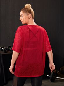 Plus Pocket Front Drop Shoulder Solid Sports Top - Burgundy - View 2