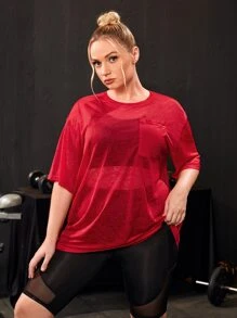 Plus Pocket Front Drop Shoulder Solid Sports Top - Burgundy - View 5