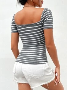 SHEIN PETITE Striped Print Knot Front Tee - Multicolor - View 2