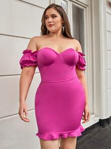 SHEIN Plus Off Shoulder Bustier Top & Ruffle Hem Skirt - Hot Pink - View 5
