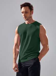 Manfinity Sport Corelite Men's Solid Color Crew Neck Casual Fitness Workout Tank Top School Gym Top Menmuscle Tankmuscle Shirt For Menmuscle Shirtgym Top - Army Green - View 4