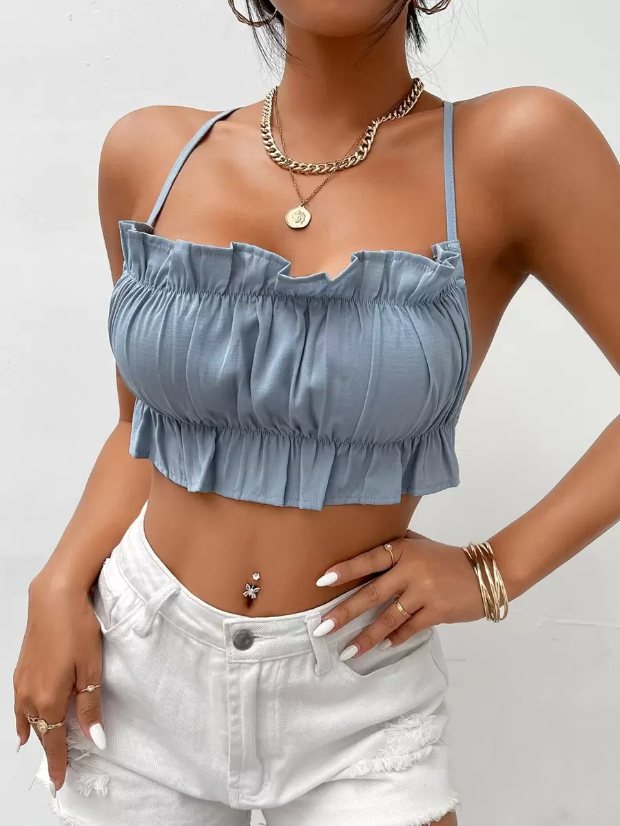 SHEIN PETITE 荷葉邊交叉後背繫帶吊帶短上衣 - 霧霾藍 - 查看 1