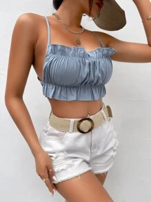 SHEIN PETITE 荷葉邊交叉後背繫帶吊帶短上衣 - 霧霾藍 - 查看 4