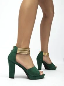 女士金属细节粗跟踝带凉鞋，时尚夏季高跟凉鞋，女士厚底高跟鞋