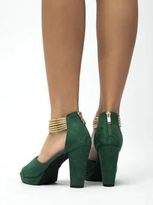 女士金属细节粗跟踝带凉鞋，时尚夏季高跟凉鞋，女士厚底高跟鞋