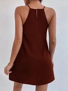 SHEIN PETITE Keyhole Back Halter Neck Dress - Burgundy - View 2