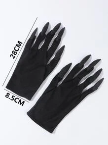 Long Nail Decor Solid Costume Gloves - Black - View 5