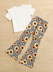 SHEIN Girls Butterfly & Sunflower Print Ruffle Trim Tee & Flare Leg Trousers - Black and White - View 2