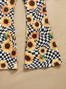 SHEIN Girls Butterfly & Sunflower Print Ruffle Trim Tee & Flare Leg Trousers - Black and White - View 3