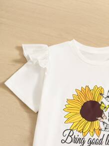 SHEIN Girls Butterfly & Sunflower Print Ruffle Trim Tee & Flare Leg Trousers - Black and White - View 4