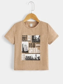 SHEIN Toddler Boys Houses & Slogan Graphic Tee - Khaki - View 1