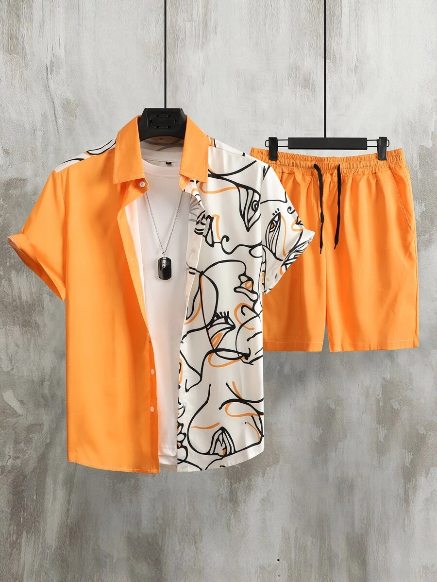 Manfinity Homme Men Colour Block Figure Graphic Shirt & Shorts Without Tee - Orange - View 1