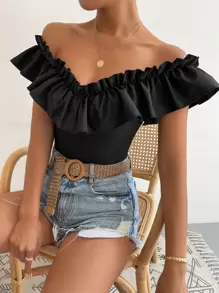 Breezaya Off Shoulder Ruffle Trim Tee - Black - View 1