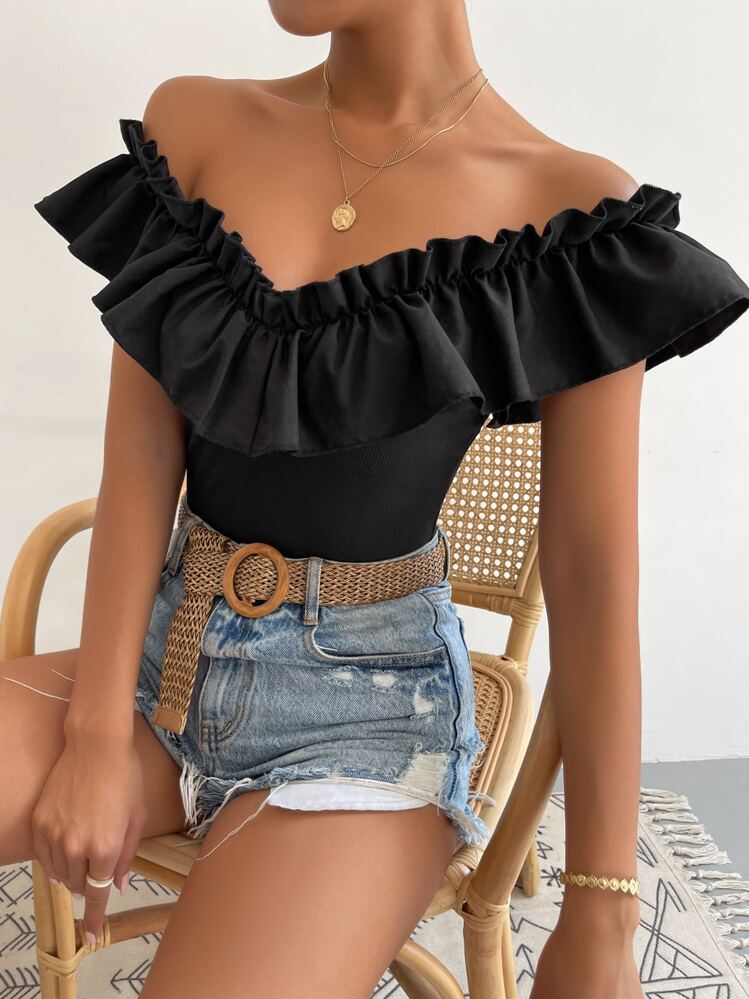 Breezaya Off Shoulder Ruffle Trim Tee - Black - View 1
