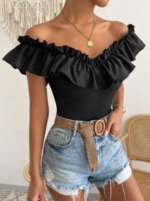 Breezaya Off Shoulder Ruffle Trim Tee - Black - View 3