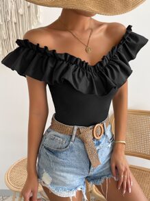 Breezaya Off Shoulder Ruffle Trim Tee - Black - View 5
