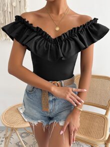 Breezaya Off Shoulder Ruffle Trim Tee - Black - View 6