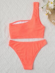 Swim Basics Summer Beach Textured Bikini Set One Shoulder Bra & Cheeky Bottom 2 Piece Bathing Suit - Watermelon Pink - View 3