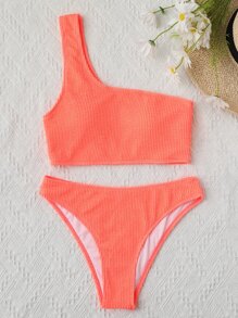 Swim Basics Summer Beach Textured Bikini Set One Shoulder Bra & Cheeky Bottom 2 Piece Bathing Suit - Watermelon Pink - View 4