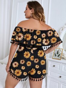 SHEIN Holidaya 大碼滿版印花流蘇下擺一字肩連身短褲 - 黑色 - 查看 2