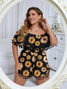 SHEIN Holidaya 大碼滿版印花流蘇下擺一字肩連身短褲 - 黑色 - 查看 6
