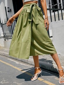 Striped Tie Side Wrap Skirt - Green - View 4