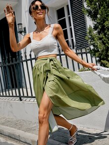 Striped Tie Side Wrap Skirt - Green - View 5